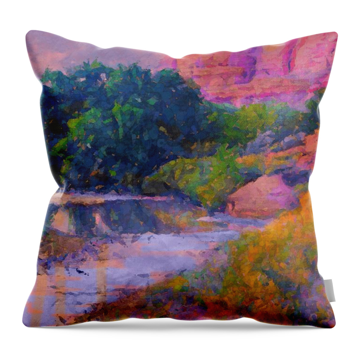 Mystic Pink Hues In Evening Cast A Mellow Mood On Delores River Gateway Colorado Hwy 141 Throw Pillow featuring the digital art Mystic pinks in Canyon by Annie Gibbons