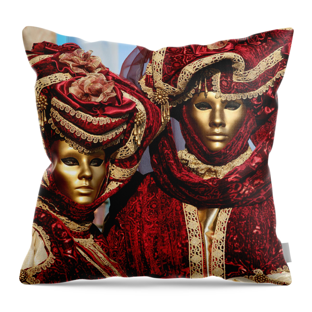 Venice Carnival Throw Pillow featuring the photograph Nadine and Daniel in Red 2 by Donna Corless