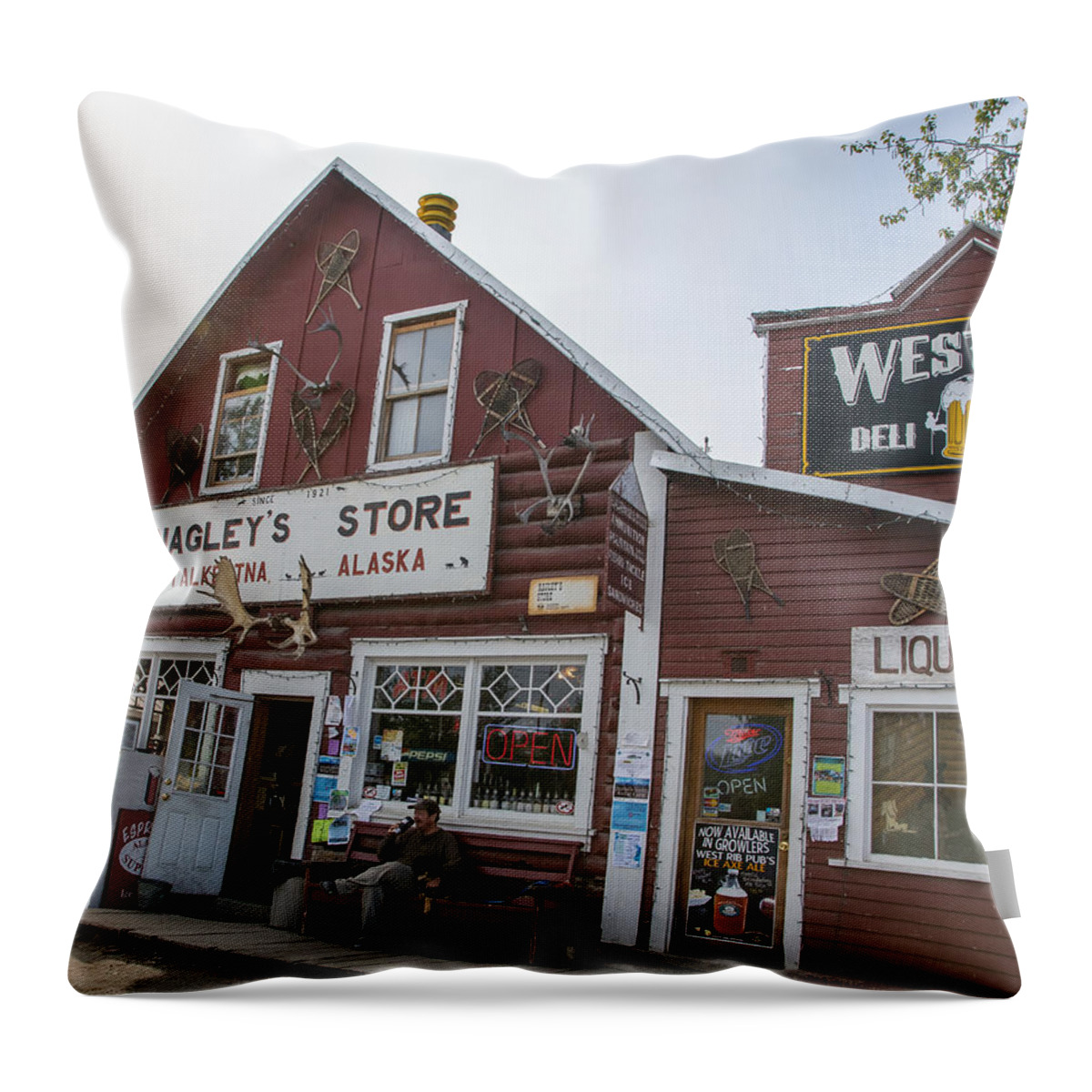 Nagleys Store Throw Pillow featuring the photograph Nagleys Store Talkeetna Alaska by Allan Levin