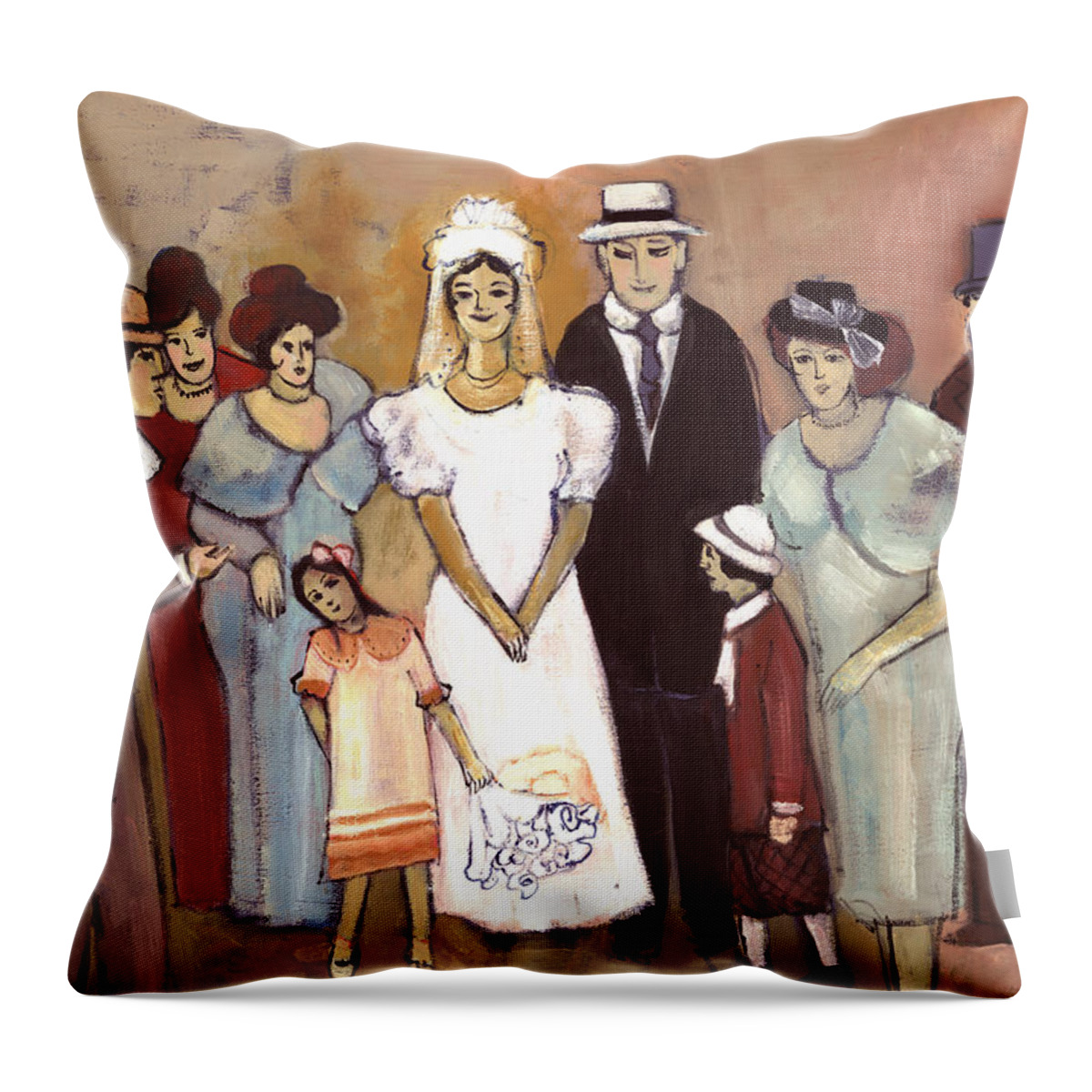 Naive Throw Pillow featuring the painting Naive wedding large family white bride black groom red women girls brown men with hats and flowers by Rachel Hershkovitz