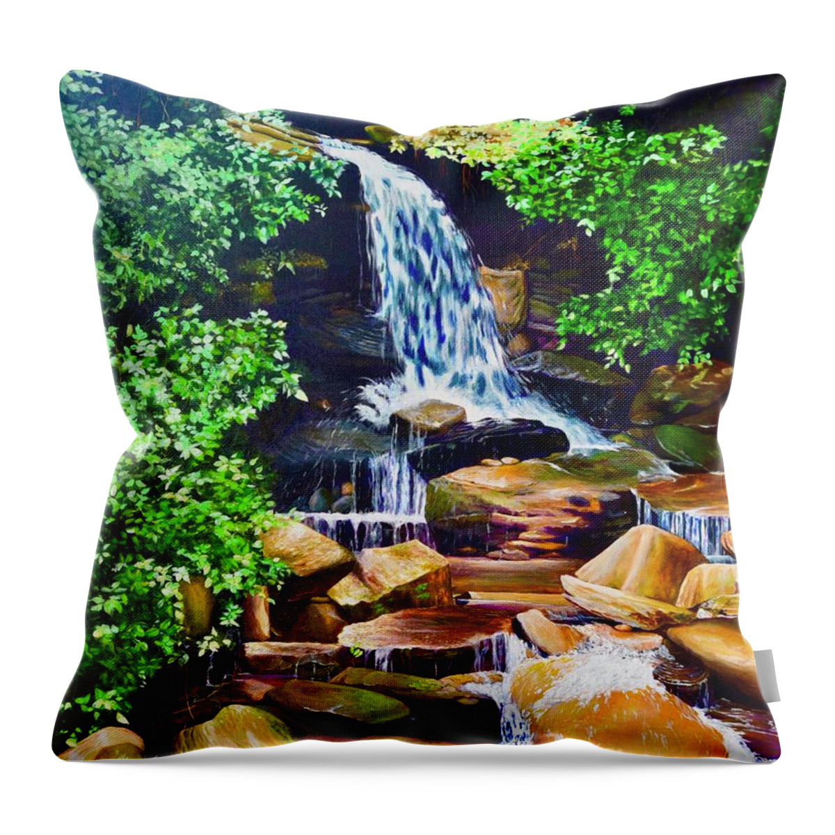 Nantahala National Forest Throw Pillow featuring the painting Nantahala Waterfall by AnnaJo Vahle