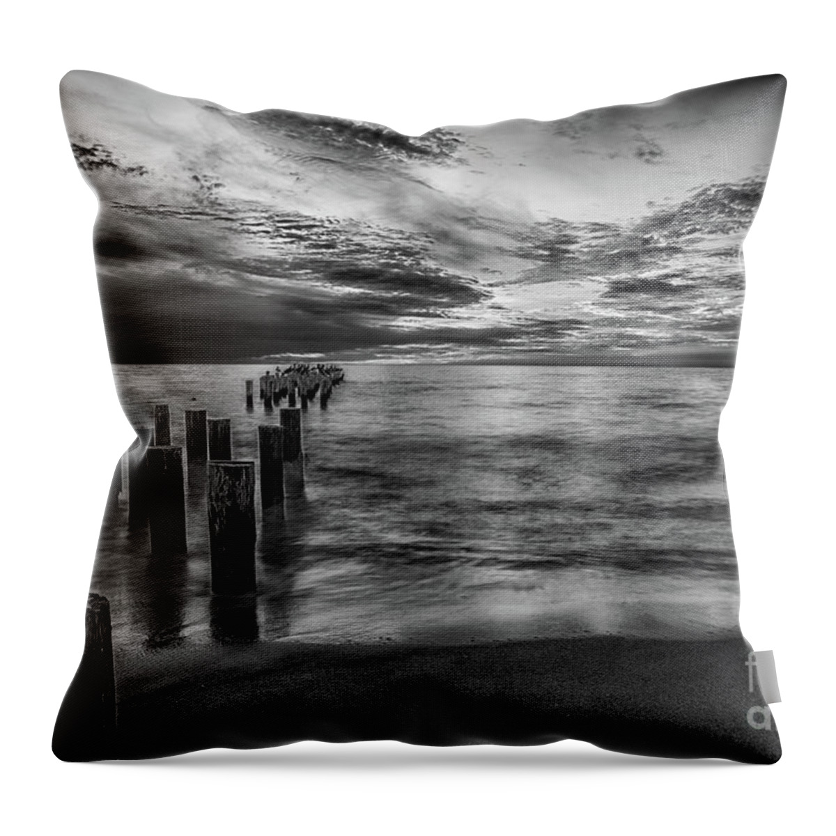 Old Naples Pier Throw Pillow featuring the photograph Naples sunset in Black and White by Paul Quinn