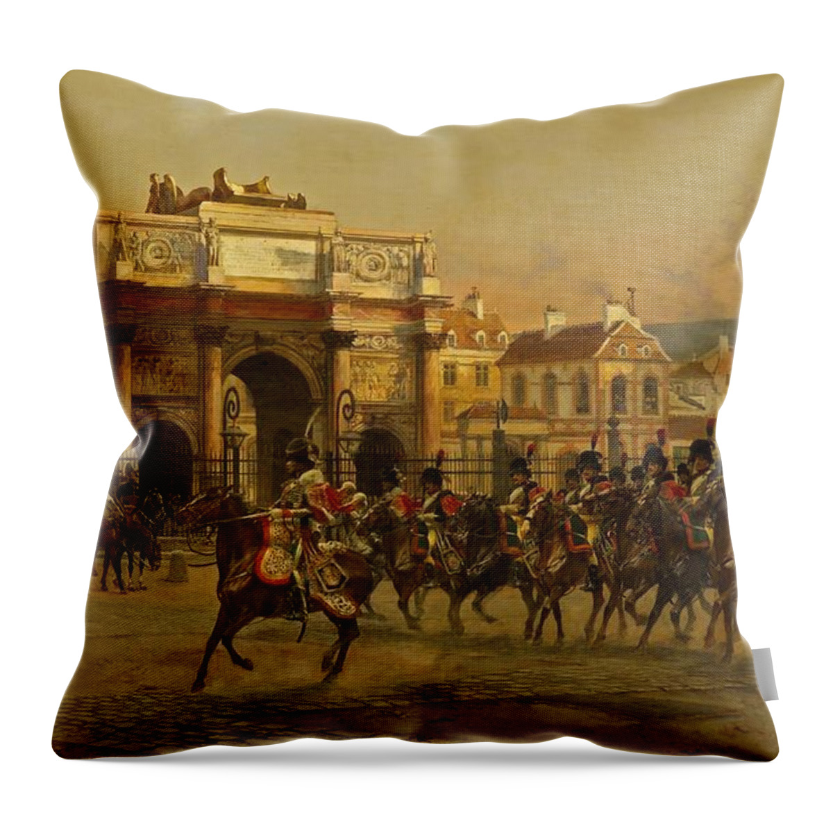Francois Flameng Throw Pillow featuring the painting Napoleon and his staff reviewing the mounted chasseurs of the Imperial guard by MotionAge Designs