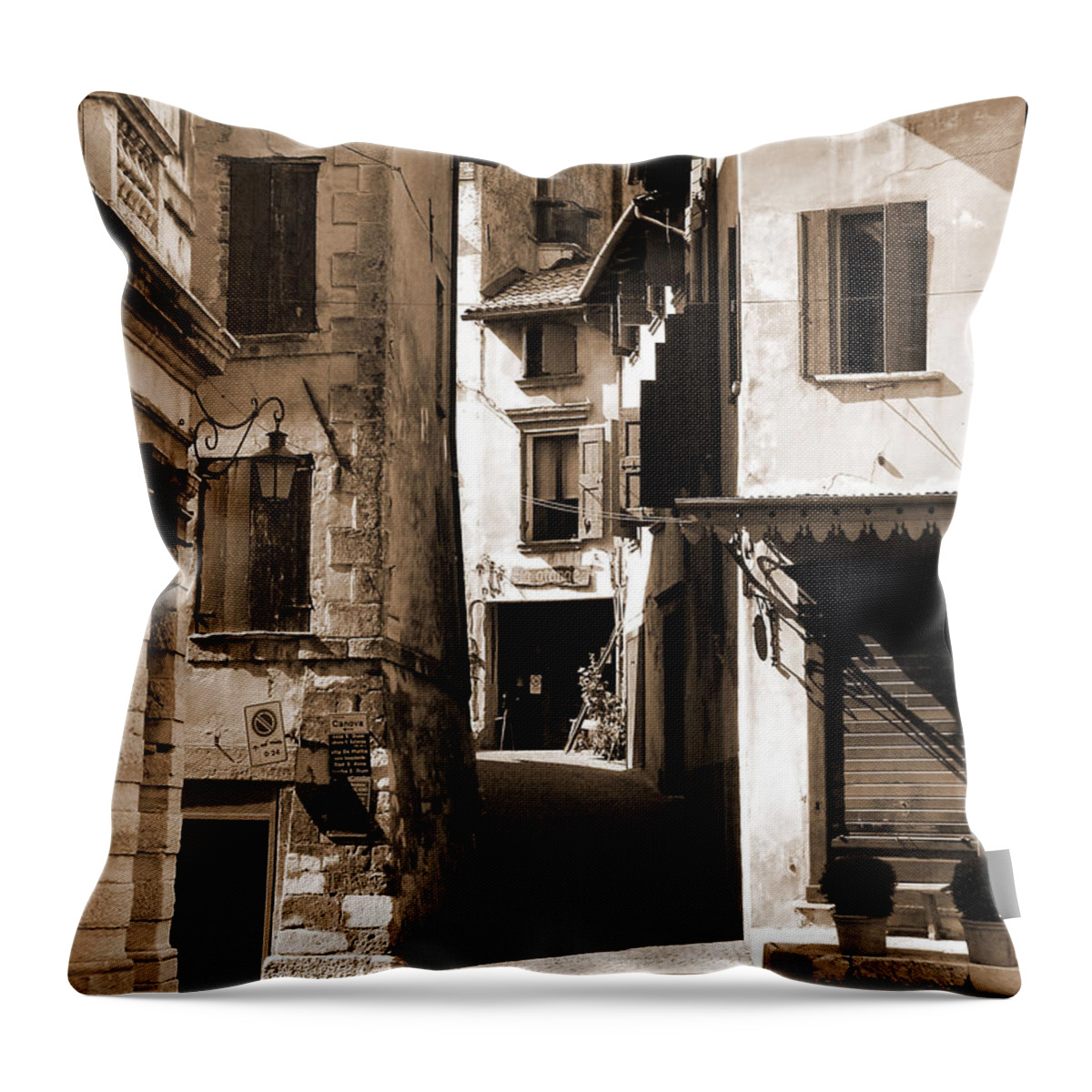 Sepia Throw Pillow featuring the photograph Narrow Streets of Asolo by Donna Corless