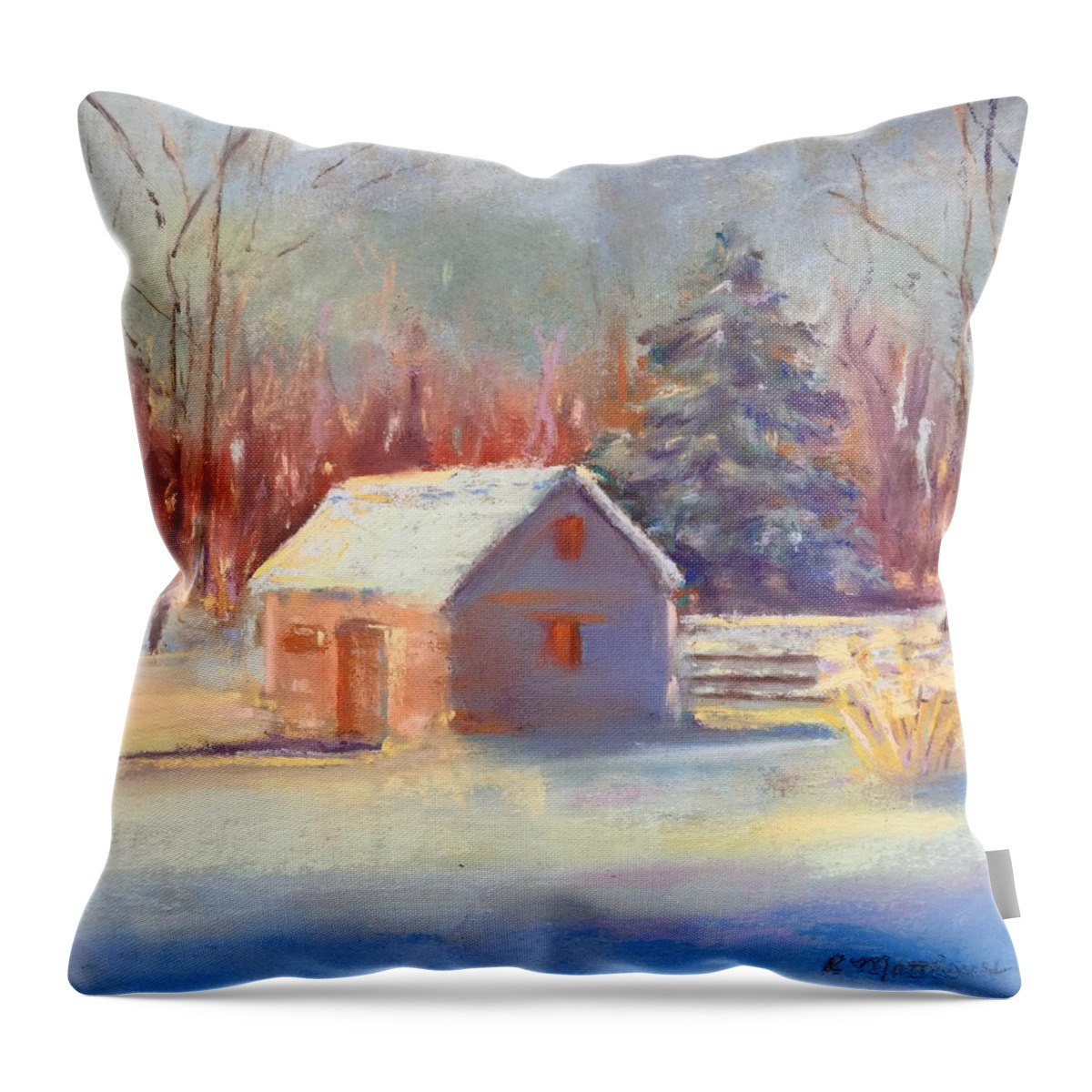 Nauvoo Painting Throw Pillow featuring the pastel Nauvoo winter scene by Rebecca Matthews