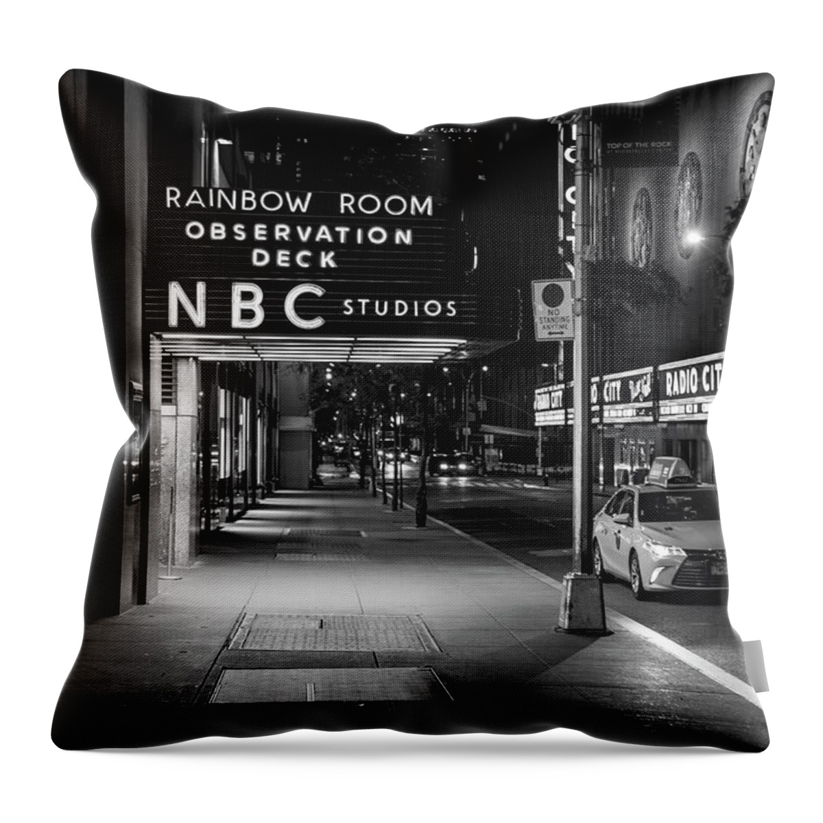 Nyc Throw Pillow featuring the photograph NBC Studios Rockefeller Center Black and White by John McGraw