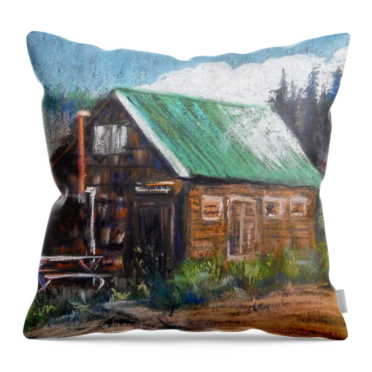 Jones Store Cabin Throw Pillow featuring the pastel Near Jones Store by Sandra Lee Scott
