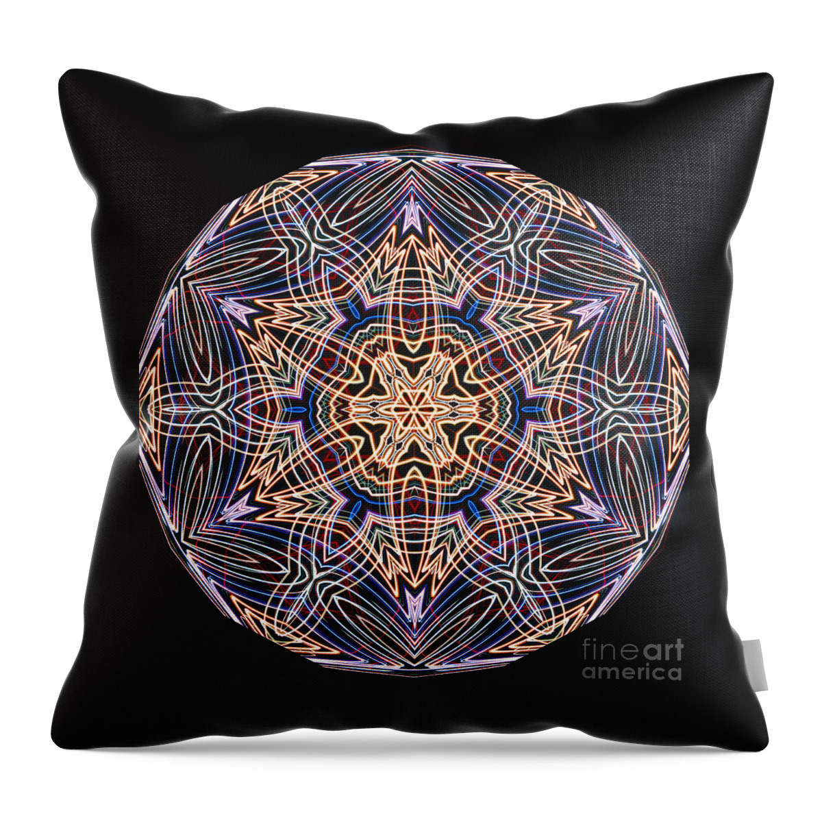Mandala Throw Pillow featuring the digital art Neon Blue Lines Shaping Form by Wernher Krutein