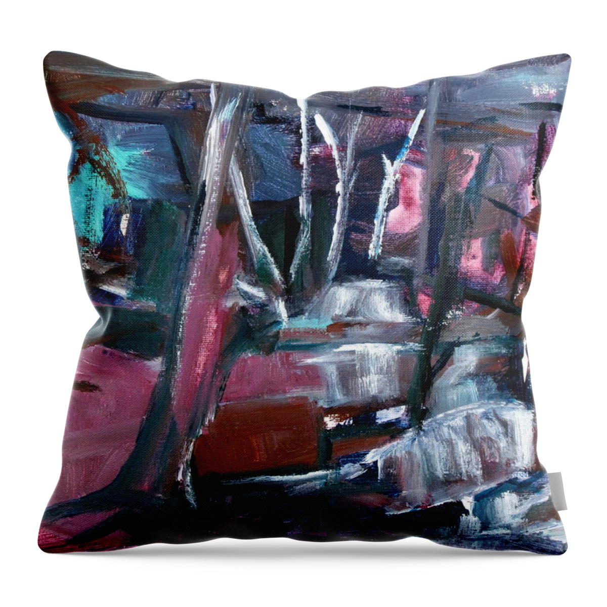 Abstract With Reds Throw Pillow featuring the painting Never Dark in the Forest by Betty Pieper