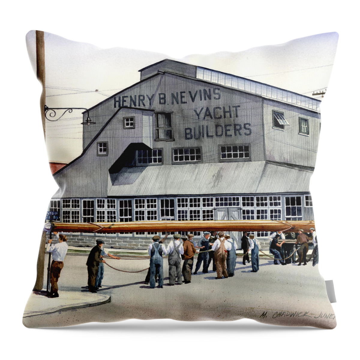 Nevins Boat Yard Throw Pillow featuring the painting Nevins Boat Yard by Marguerite Chadwick-Juner