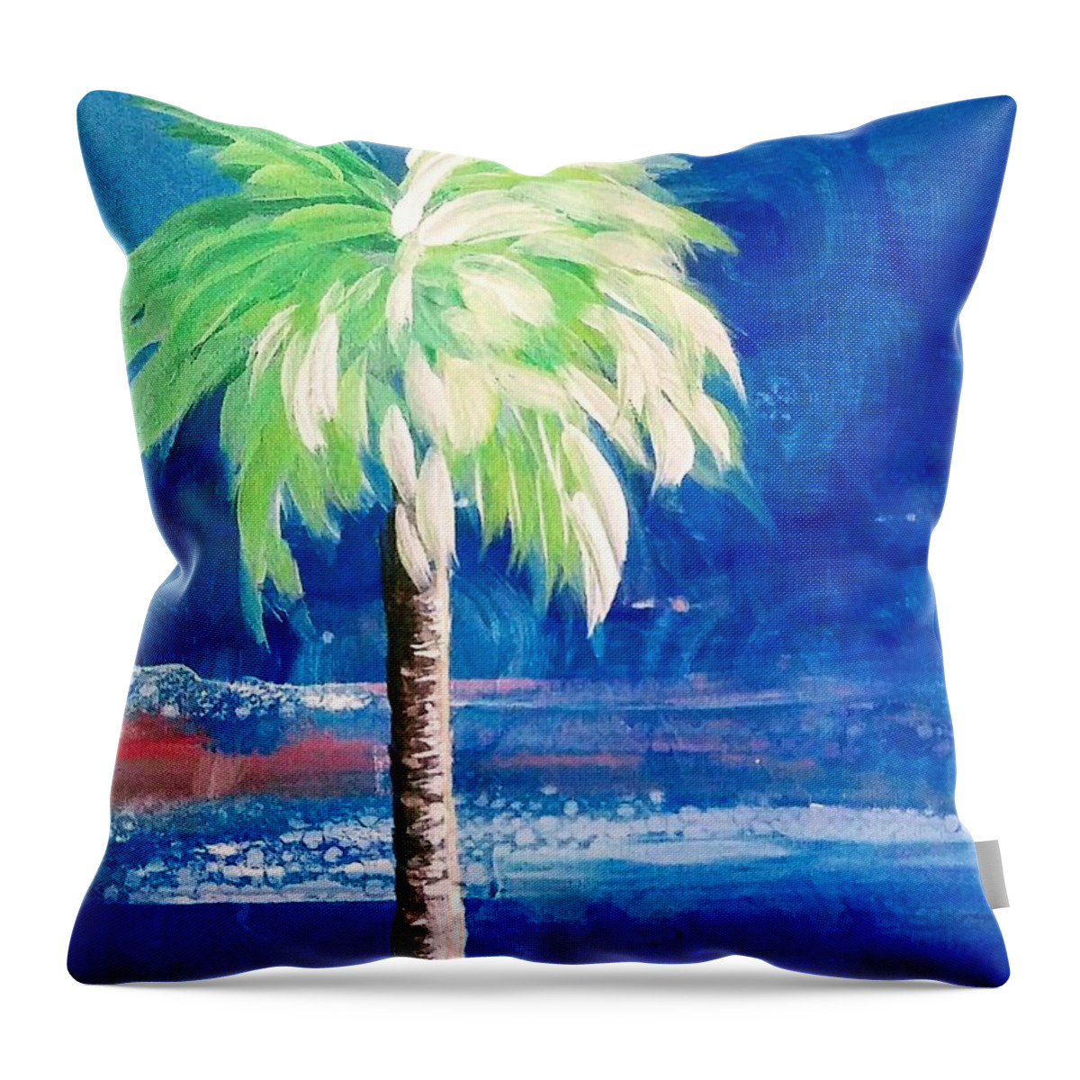 Palm Tree Throw Pillow featuring the painting New Blue Horizons Palm Tree by Kristen Abrahamson