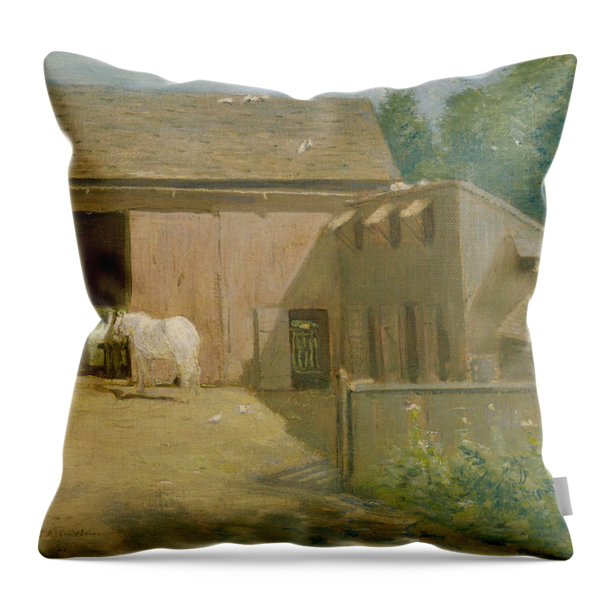 Julian Alden Weir Throw Pillow featuring the painting New England Barnyard by Julian Alden Weir