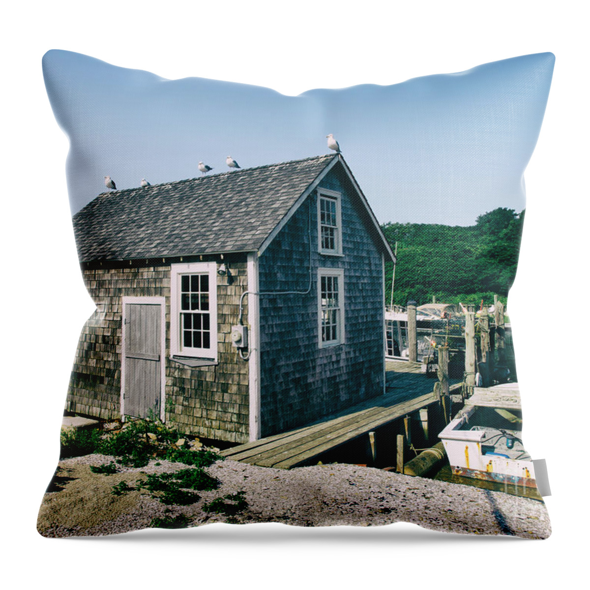 Menemsha Throw Pillow featuring the photograph New England Fishing Cabin by Mark Miller