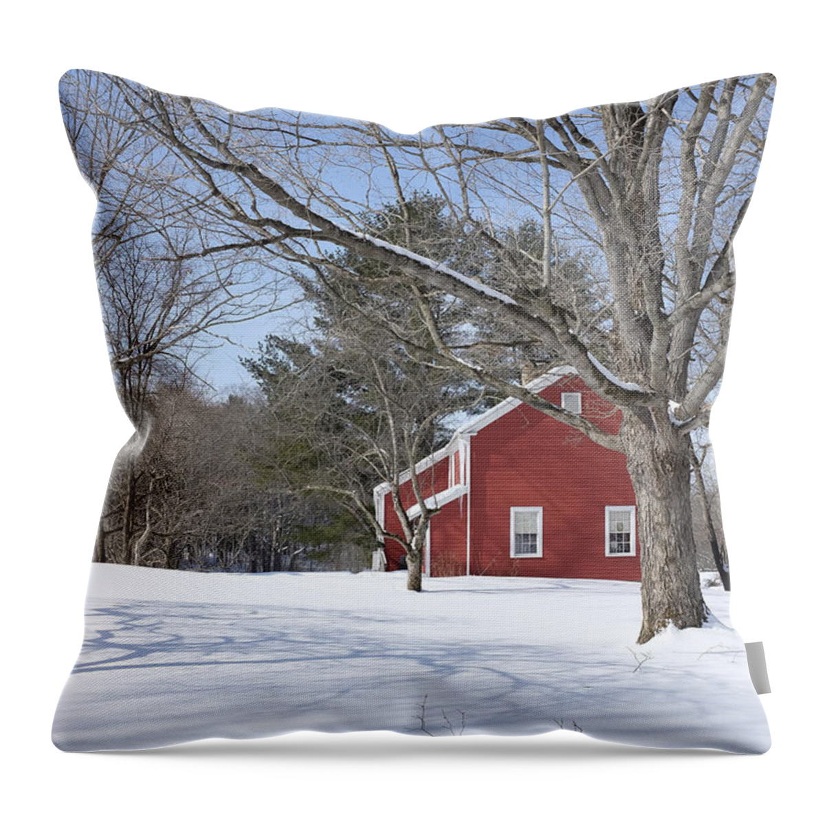 Winter Throw Pillow featuring the photograph New England Red House Winter by Edward Fielding