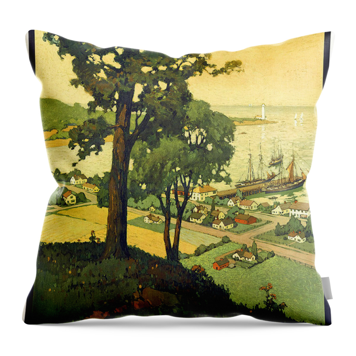 New England Throw Pillow featuring the painting New England, scenery from the port by Long Shot