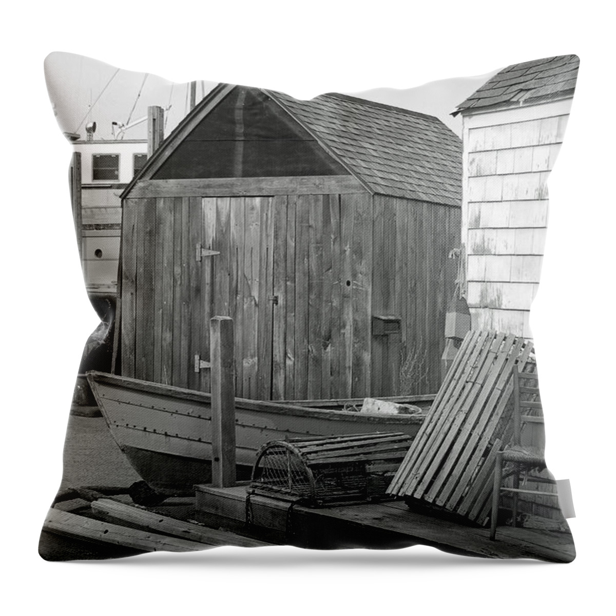 Black And White Throw Pillow featuring the photograph New England Wharf Scene in black and white by Suzanne Gaff