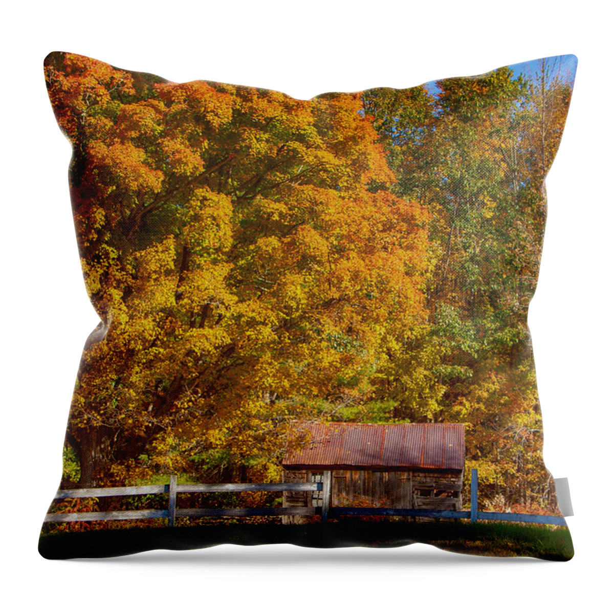 Autumn Throw Pillow featuring the photograph New hampshire barn under fall foliage by Jeff Folger