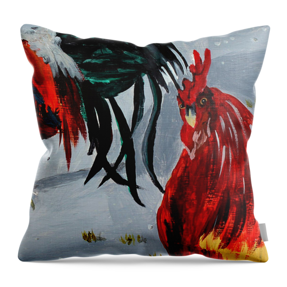 Roosters Throw Pillow featuring the painting New Harmony Roosters by Jaime Haney