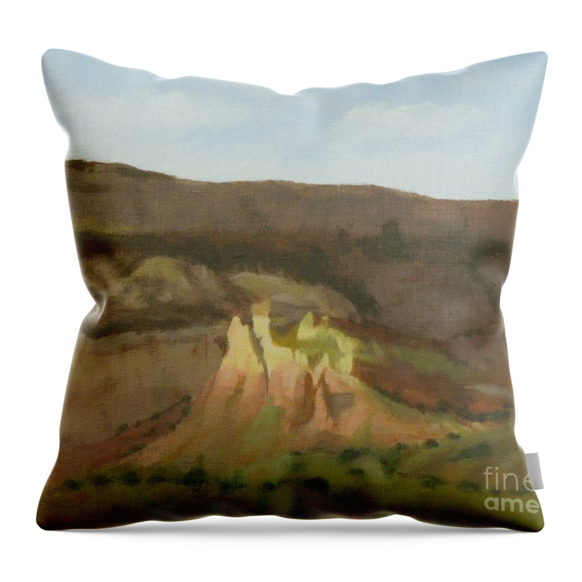 Northern New Mexico Throw Pillow featuring the painting New Mexican Statues by Phyllis Andrews