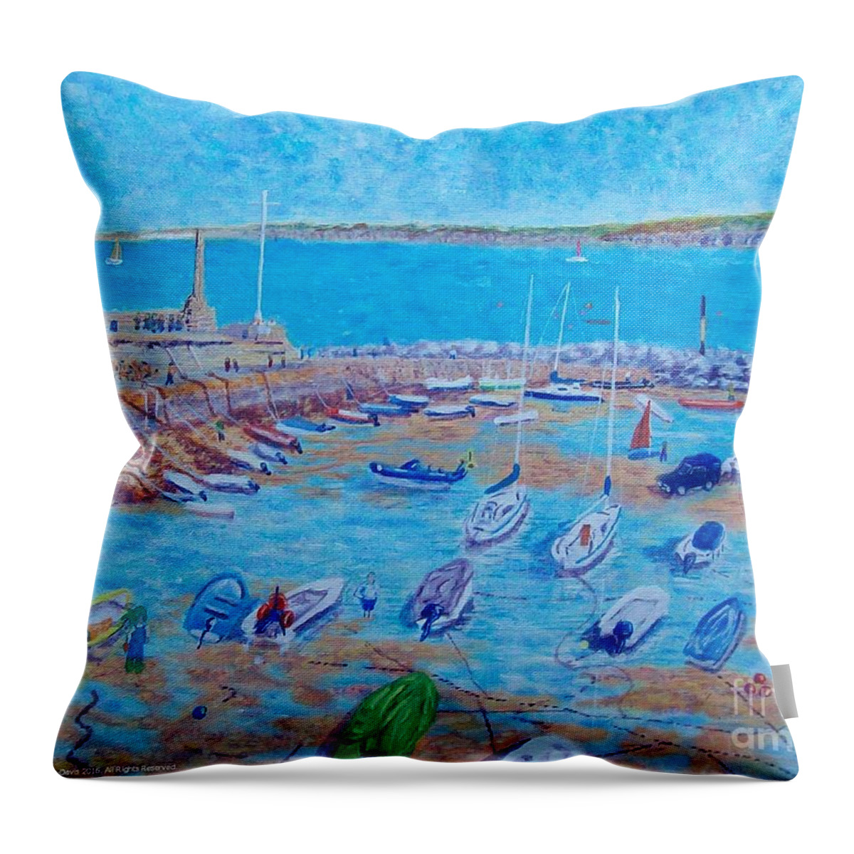Painting New Quay Harbour Blue Boats Ceredigion Throw Pillow featuring the painting New Quay Harbour Blue Boats Ceredigion by Edward McNaught-Davis