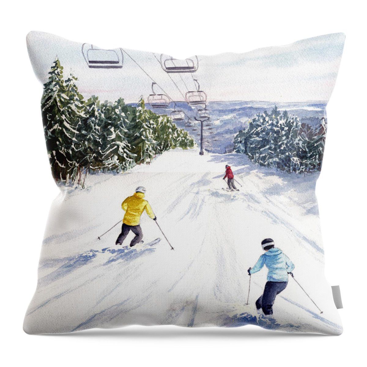 Skiing Throw Pillow featuring the painting New Snow by Vikki Bouffard