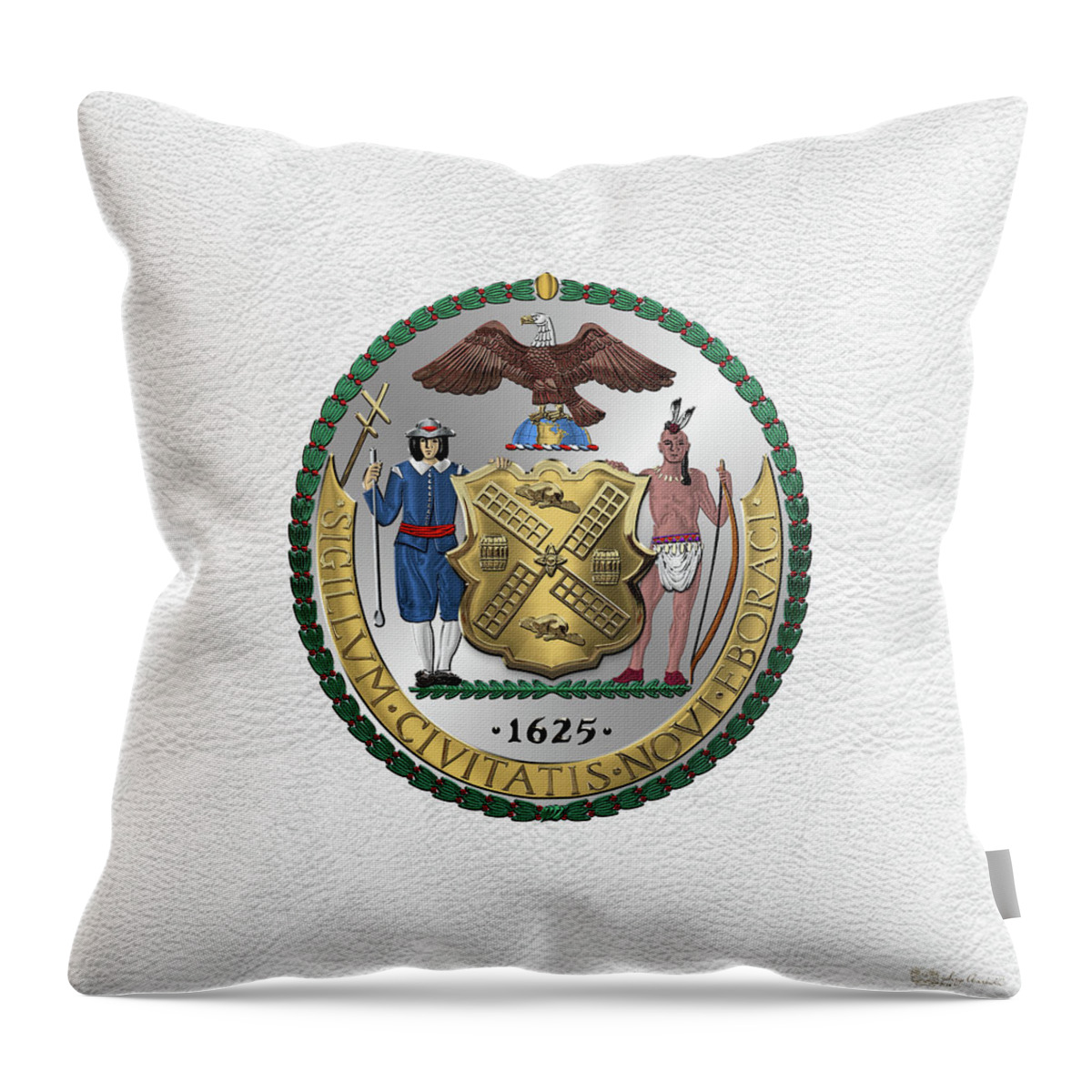 'cities Of The World' Collection By Serge Averbukh Throw Pillow featuring the digital art New York City Coat of Arms - City of New York Seal over White Leather by Serge Averbukh