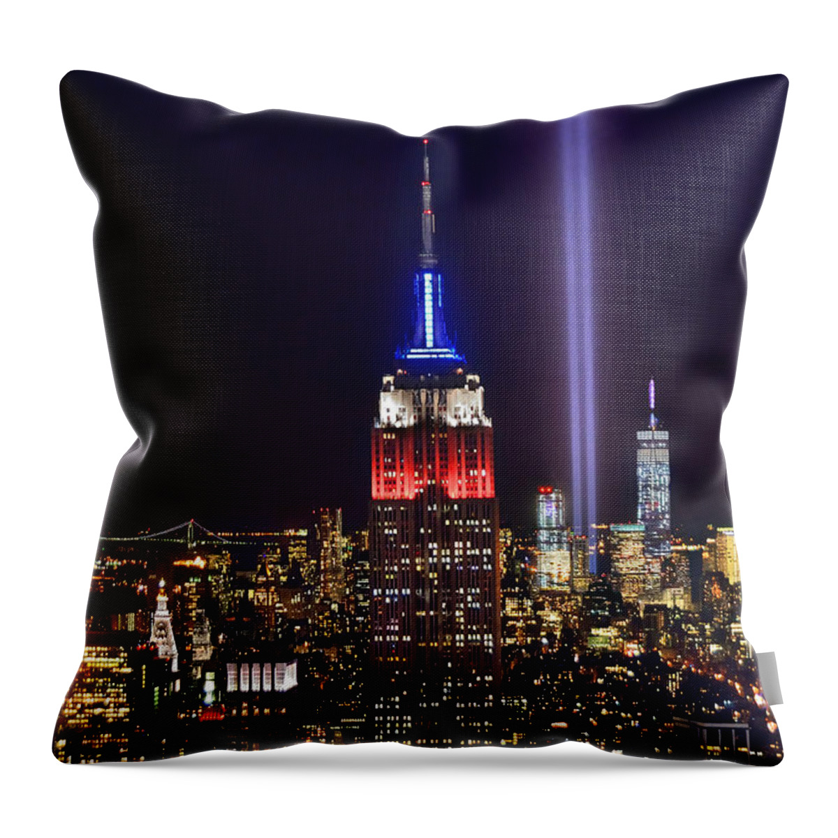New York City Skyline At Night Throw Pillow featuring the photograph New York City Tribute in Lights Empire State Building Manhattan at Night NYC by Jon Holiday