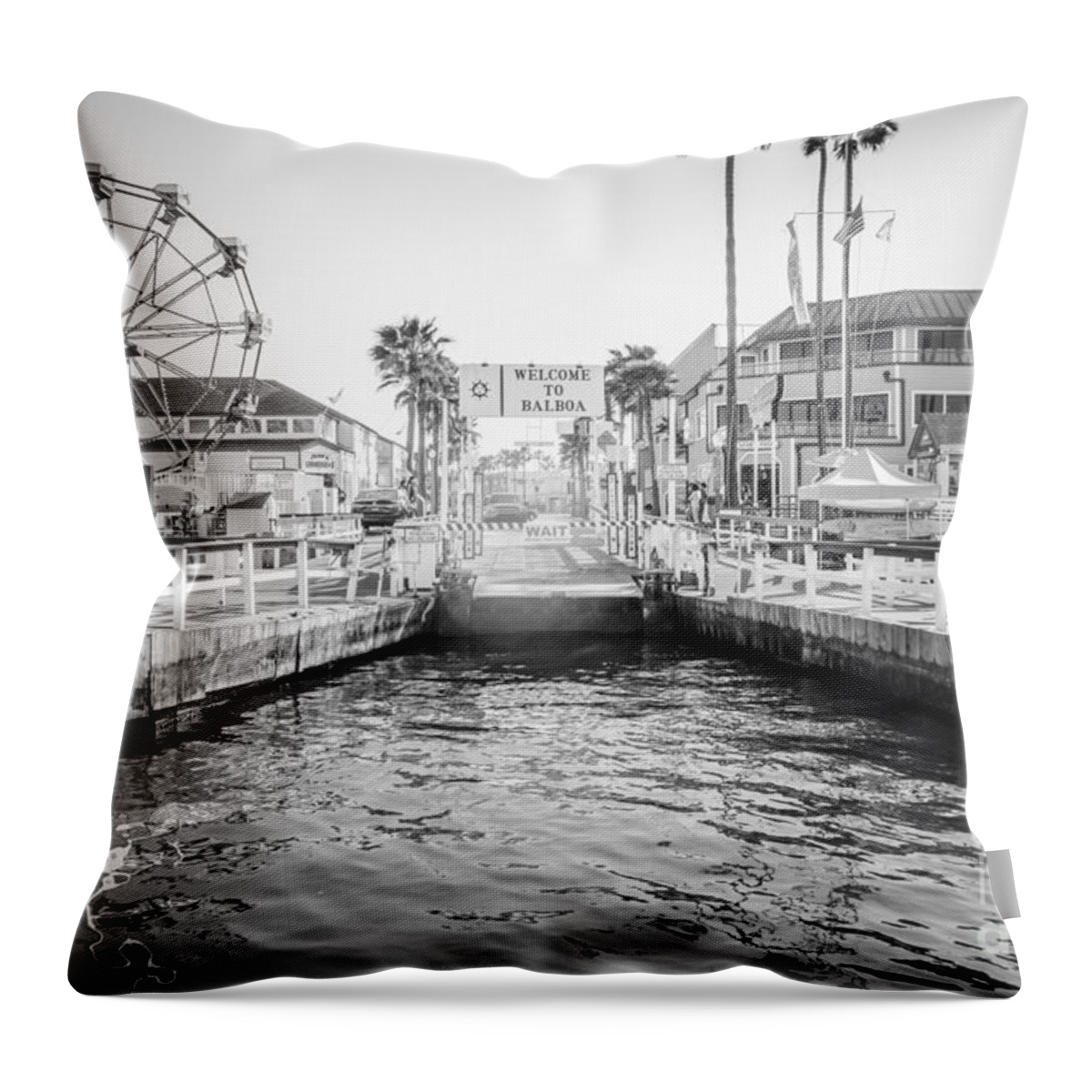 America Throw Pillow featuring the photograph Newport Beach Ferry Dock Black and White Photo by Paul Velgos