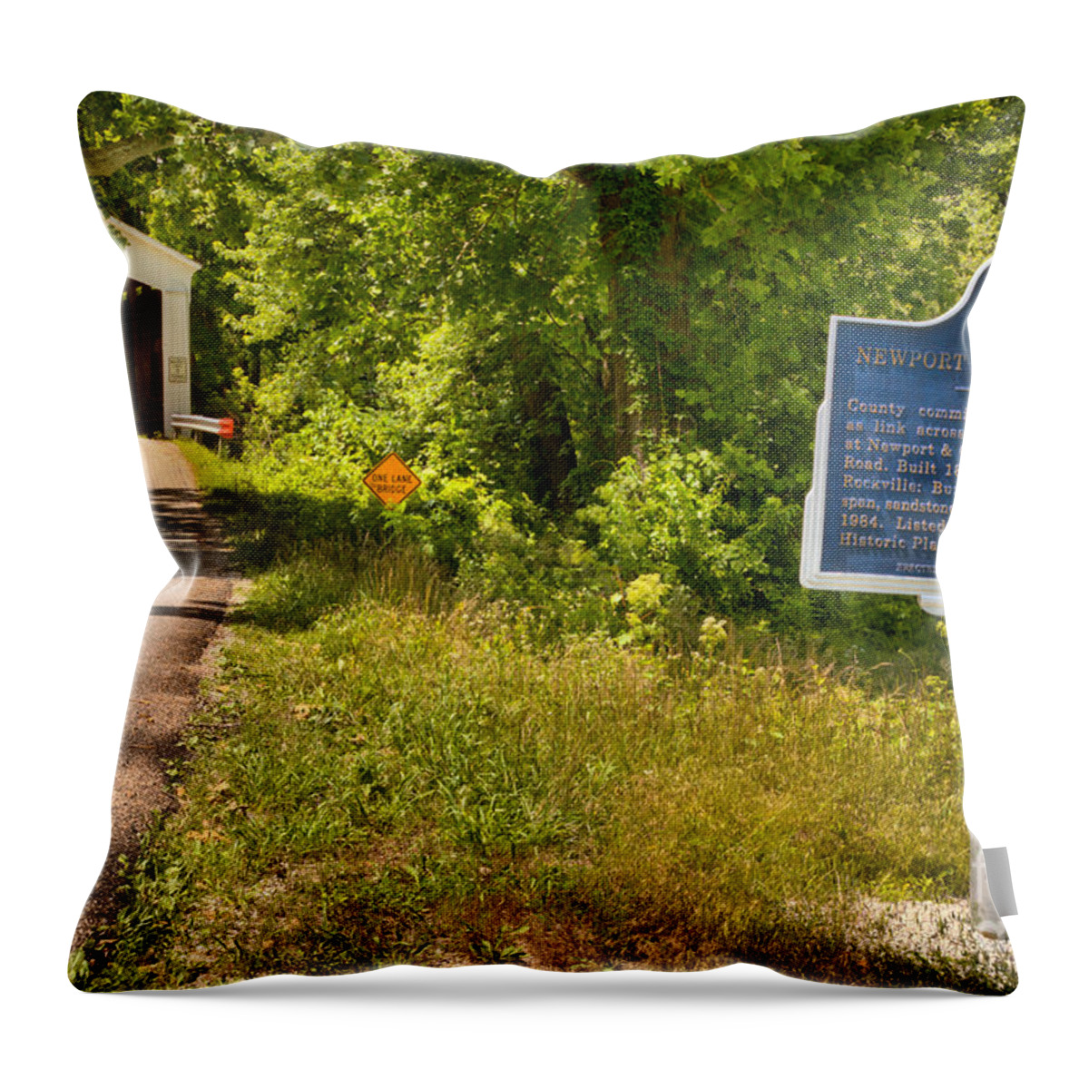 Newport Covered Bridge Throw Pillow featuring the photograph Newport Covered Bridge Sign by Adam Jewell