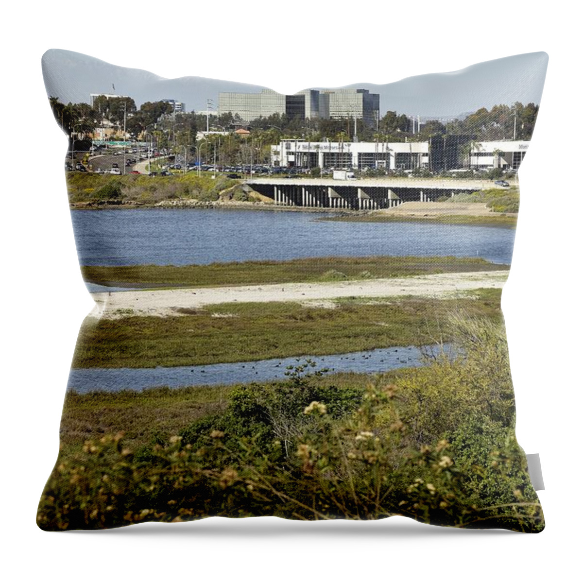 Linda Brody Throw Pillow featuring the photograph Newport Estuary and Nearby Businesses by Linda Brody