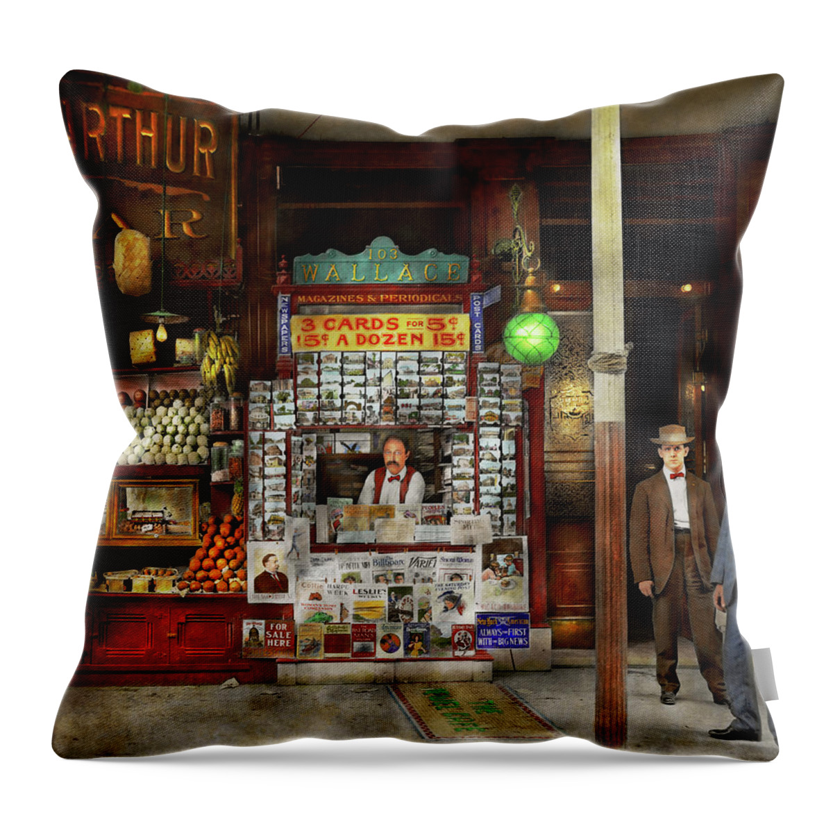 Self Throw Pillow featuring the photograph Newsstand - Standing room only 1908 by Mike Savad
