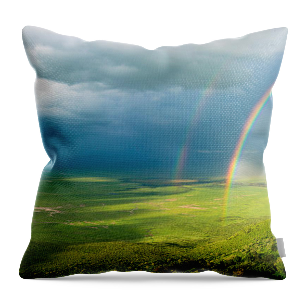 Double Throw Pillow featuring the photograph Ngorondgora Crater with double rainbow in Tanzania Africa by Ann Moore