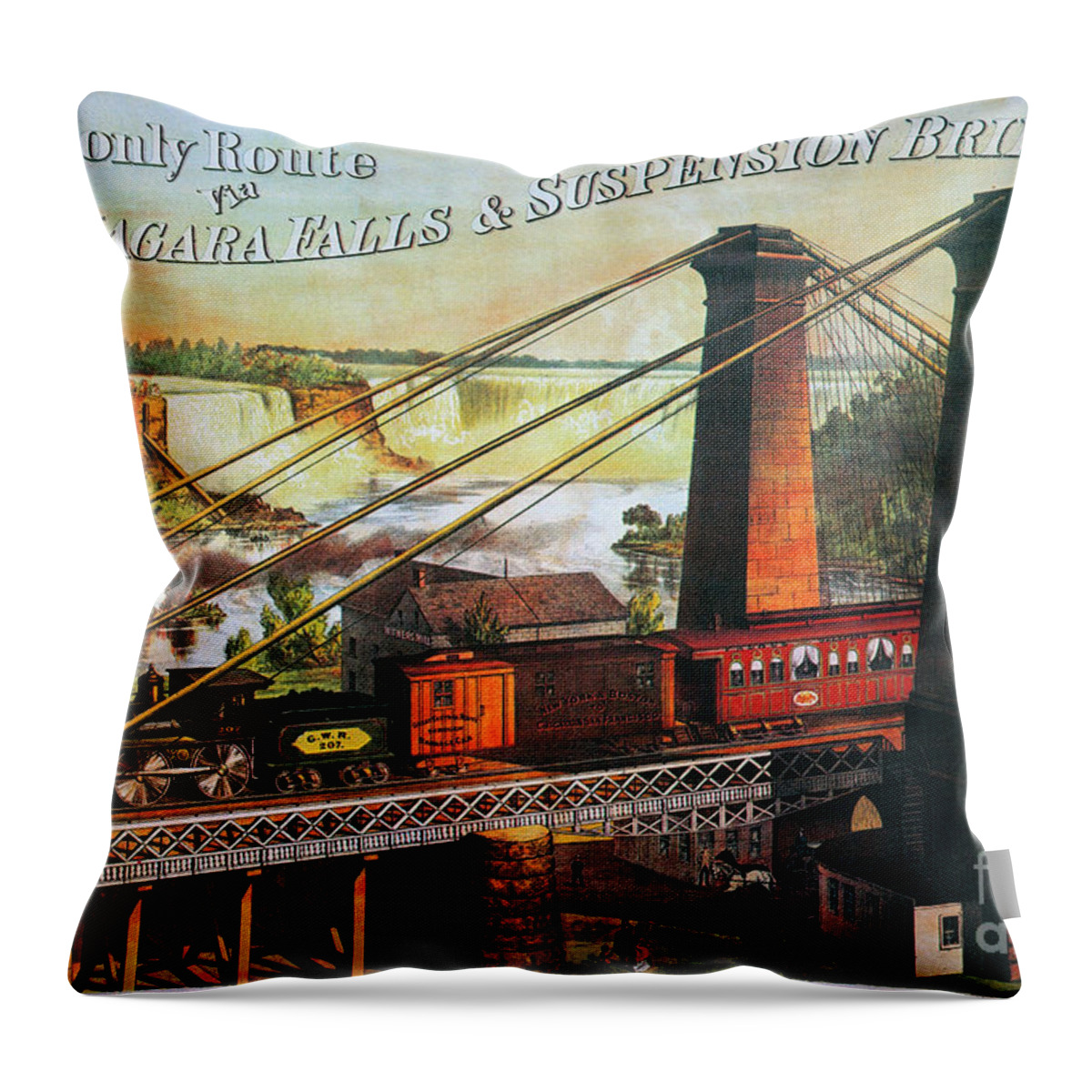 1876 Throw Pillow featuring the photograph Niagara Falls Bridge, 1876 by Granger