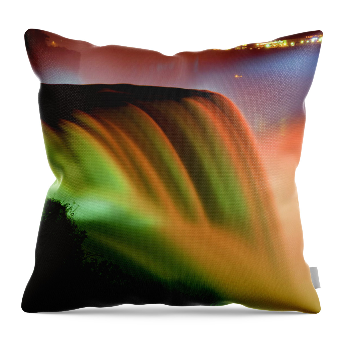 Niagara Falls; Night; Usa; Colorful; Light; Illumination; Lights; Evening; Festival; New York; Celebration; Beautiful; Scenic; View; New York State; Ny; American Falls; Niagara Falls State Park; Niagara Falls City; Landscape; Nature; Waterfall; Outdoor; Outdoors; America Throw Pillow featuring the photograph Niagara Falls Illumination of Lights At Night by Charline Xia