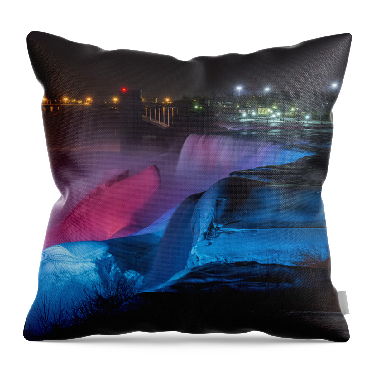 Niagara Falls Light Show Throw Pillow featuring the photograph Niagara Falls light show by Mark Papke