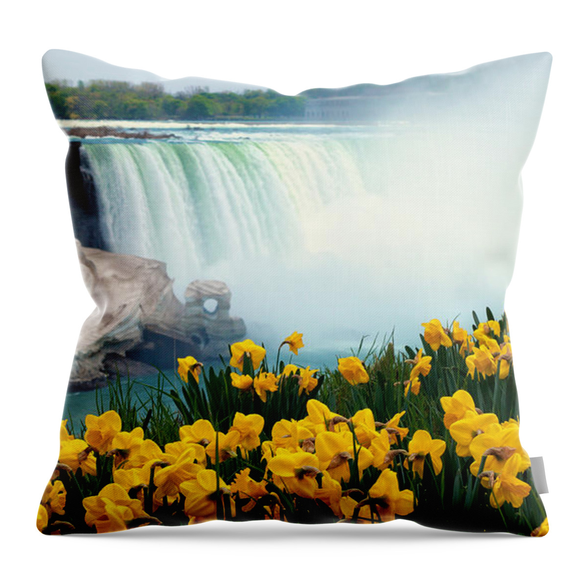 Niagara Falls Throw Pillow featuring the photograph Niagara Falls Spring Flowers and Melting Ice by Charline Xia
