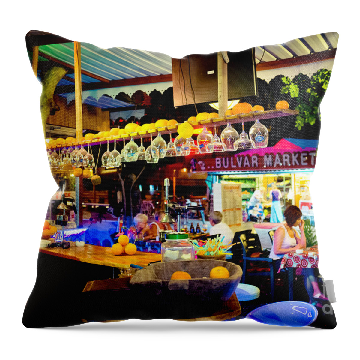 Water Throw Pillow featuring the photograph Night at bar by Raimond Klavins