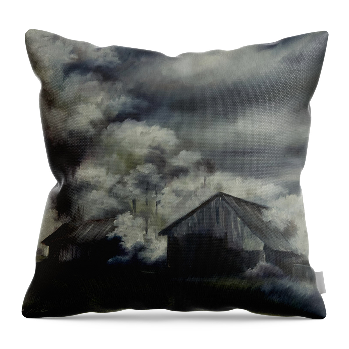 Motel; Route 66; Desert; Abandoned; Delapidated; Lost; Highway; Route 66; Road; Vacancy; Run-down; Building; Old Signage; Nastalgia; Vintage; James Christopher Hill; Jameshillgallery.com; Foliage; Sky; Realism; Oils; Barn Throw Pillow featuring the painting Night Barn by James Hill