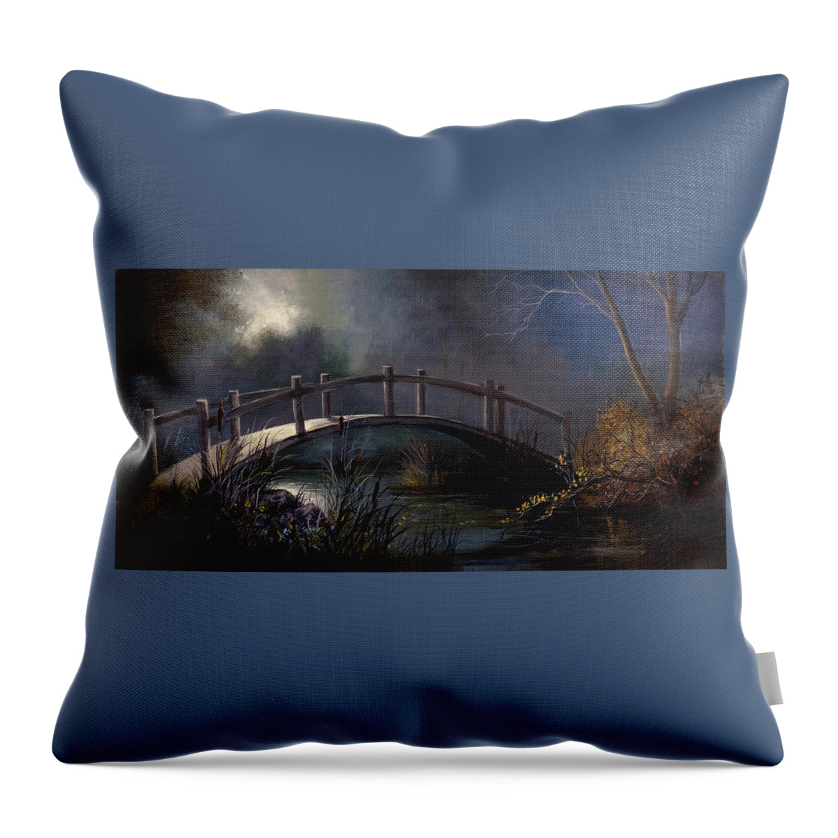 Lynne Pittard Throw Pillow featuring the painting Moonlit Bridge by Lynne Pittard