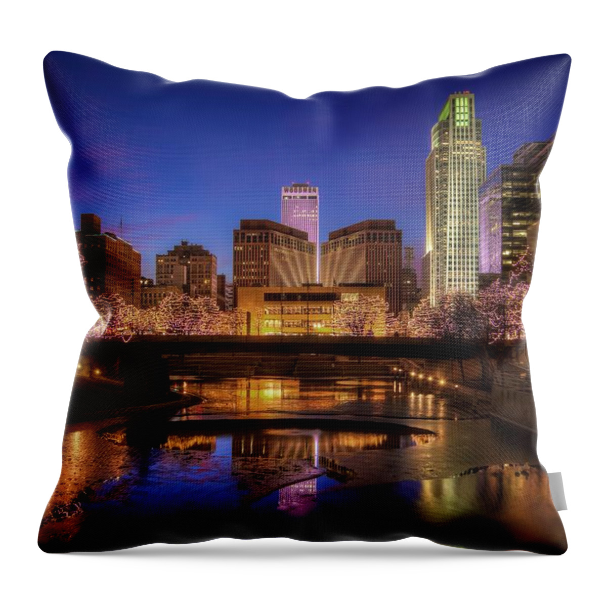 Omaha Nebraska Throw Pillow featuring the photograph Night Cityscape - Omaha - Nebraska by Nikolyn McDonald