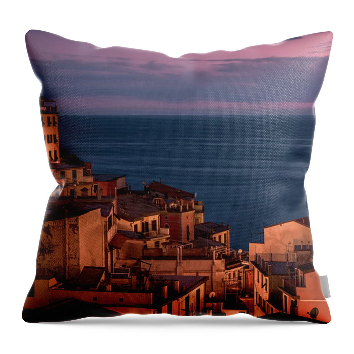 Cinque Terre Throw Pillow featuring the photograph Night Falls in Riomaggiore Cinque Terre Italy by Joan Carroll