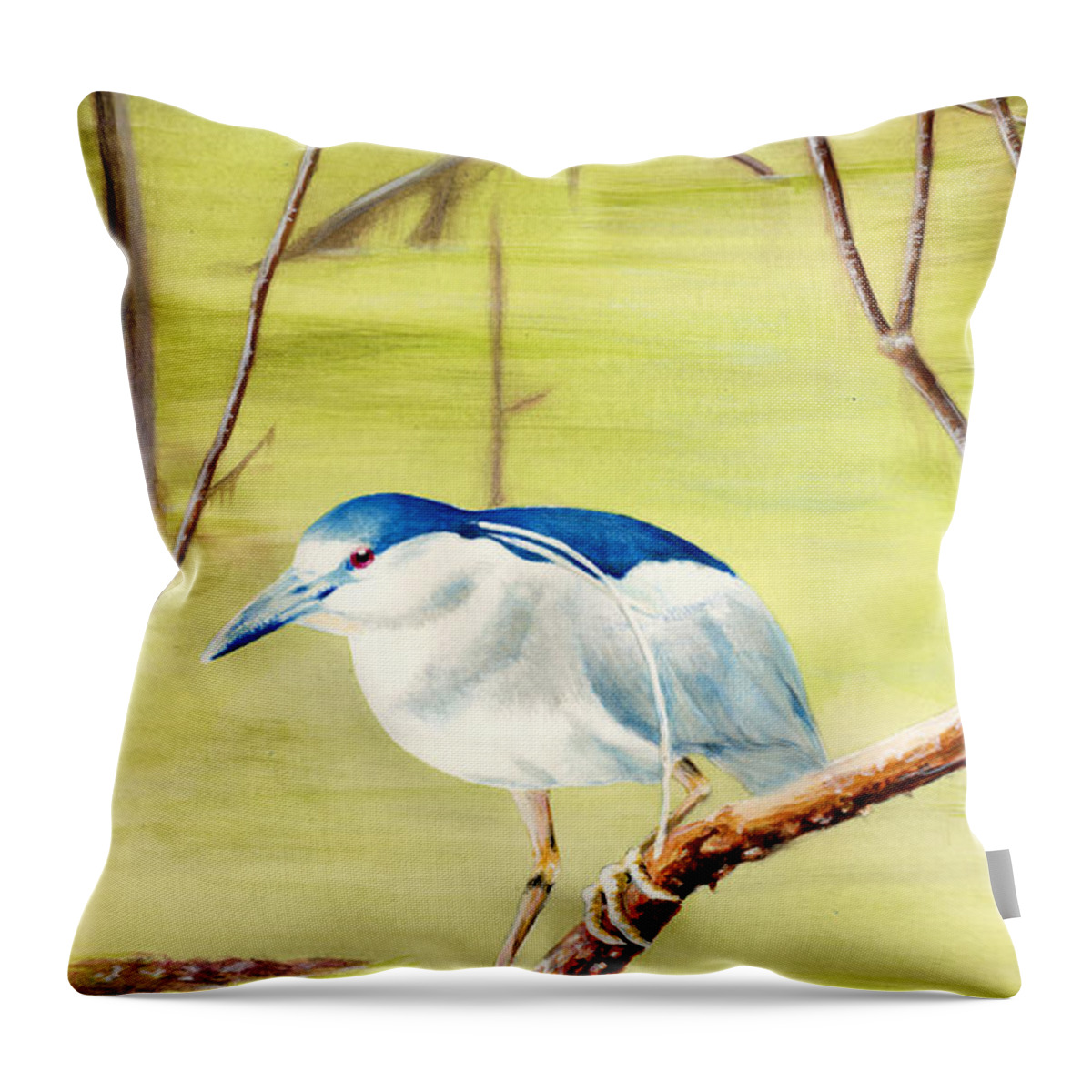 Night Heron Throw Pillow featuring the painting Night Heron at Ravenswood by Thomas Hamm