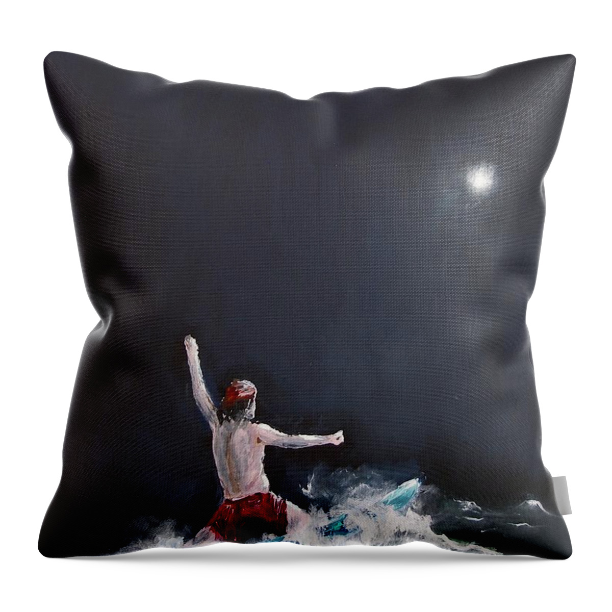 Night Life Ocean Wave Night Sport Ride Between Wave Moon Dark Play Surfing Water Seascape Sea Ocean Painting Acrylic Red Man Pleasure Light Shore Beach Throw Pillow featuring the painting Night Life by Miroslaw Chelchowski