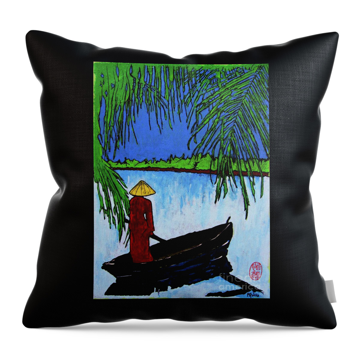 Original: Landscape Throw Pillow featuring the painting Night on the Perfume River by Thea Recuerdo