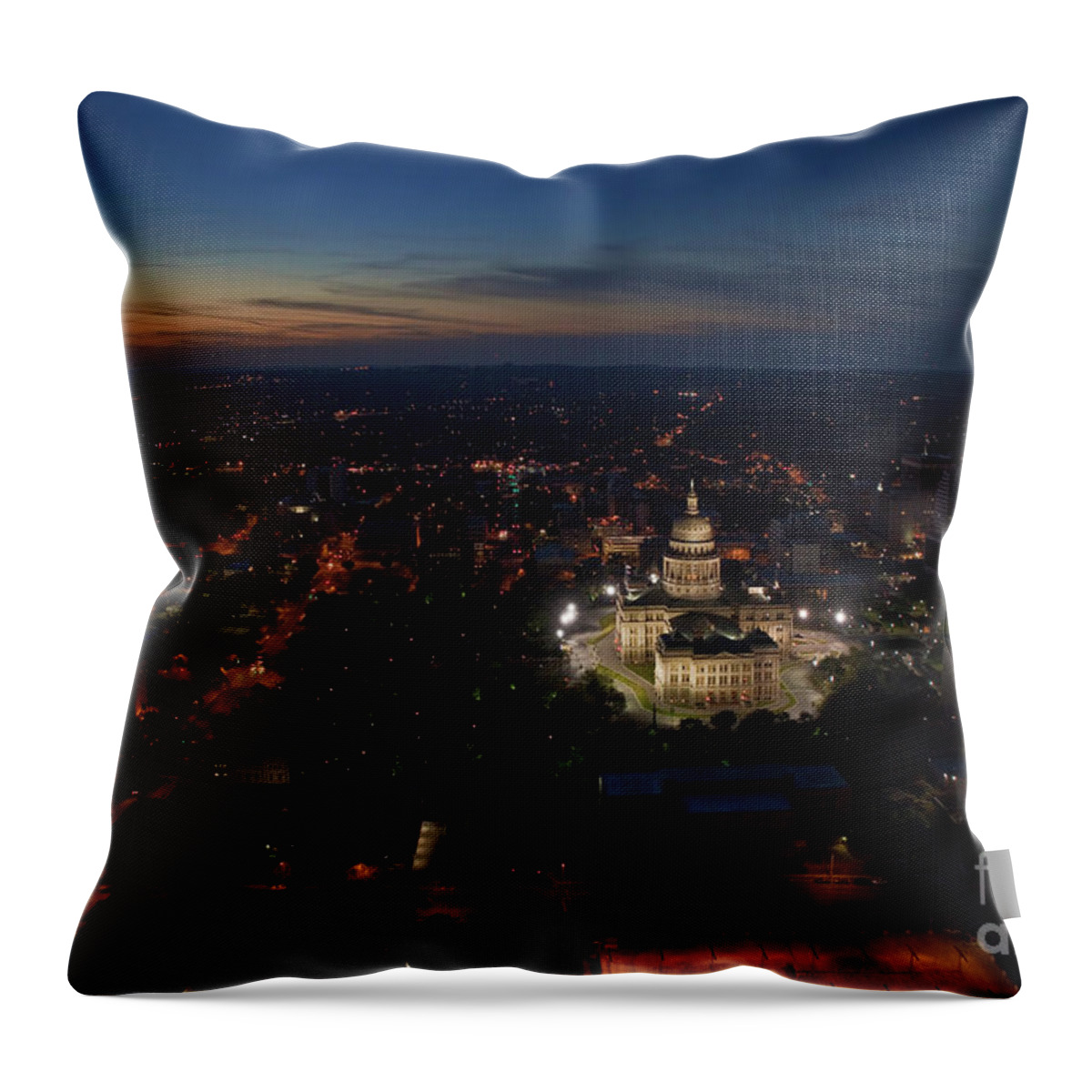 Texas State Capitol Throw Pillow featuring the photograph Night time facade of the Texas State Capitol government building in Austin, Texas, USA by Dan Herron