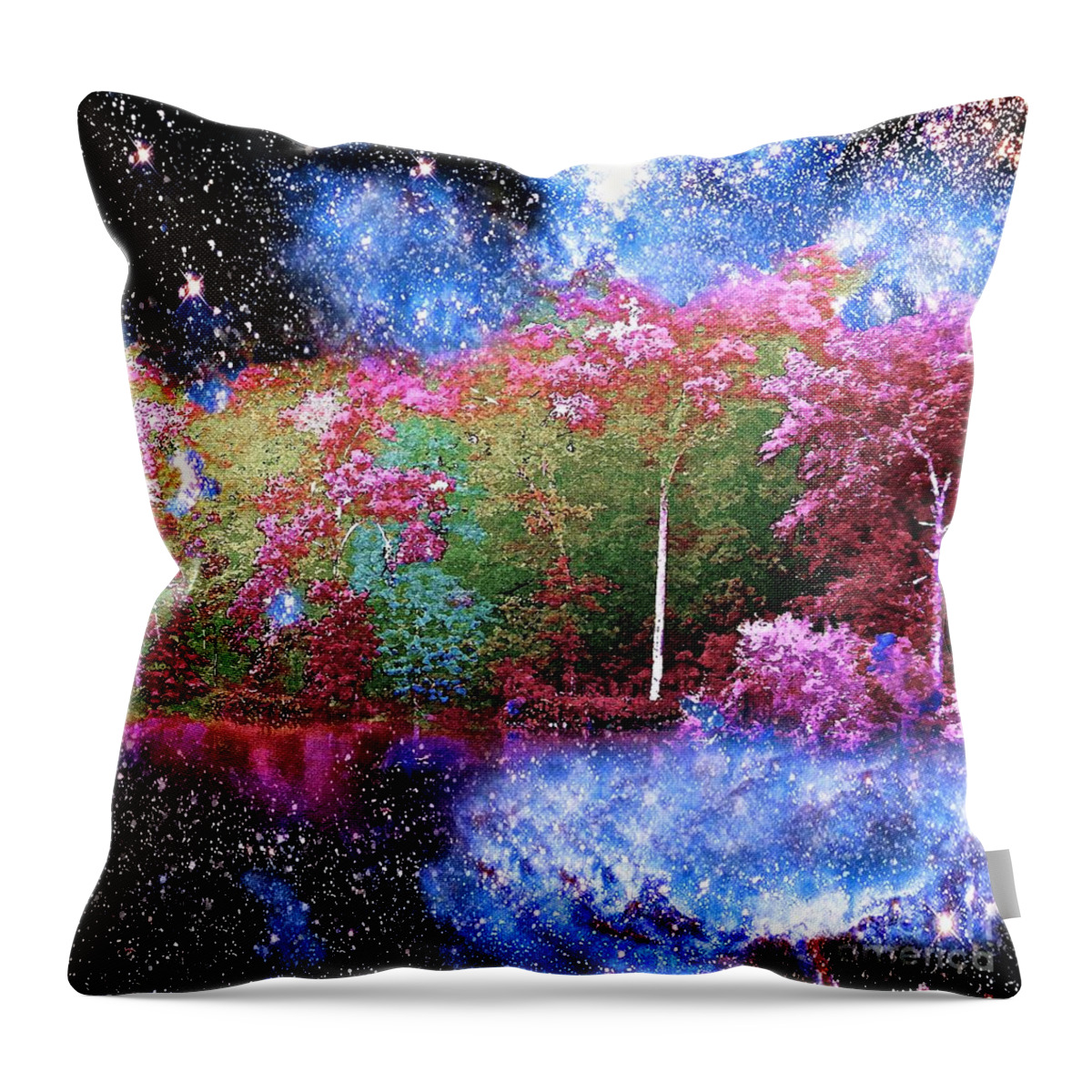 Night Throw Pillow featuring the painting Night Trees Starry Lake by Saundra Myles