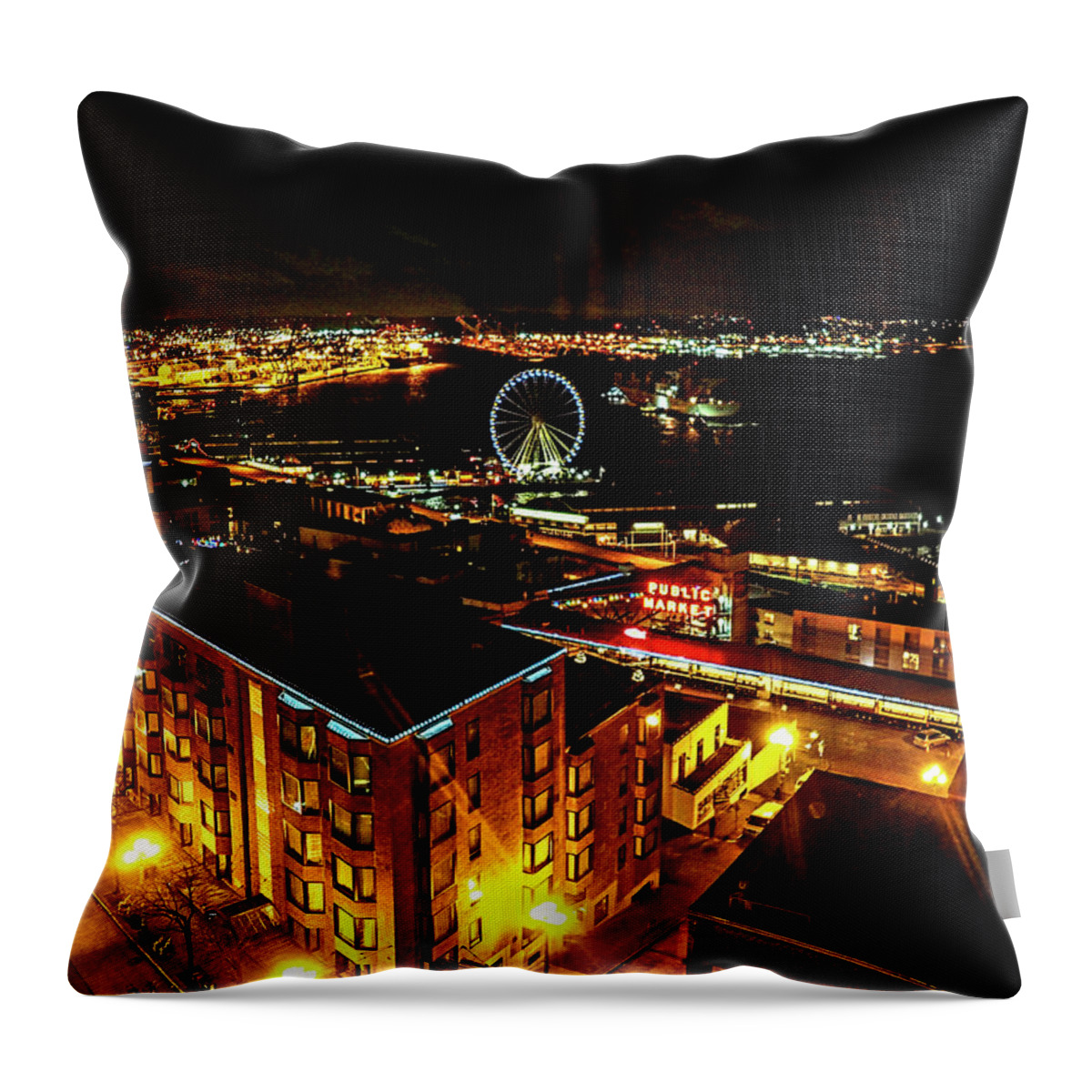 Rebecca Dru Throw Pillow featuring the photograph Night view of Seattle Waterfront by Rebecca Dru