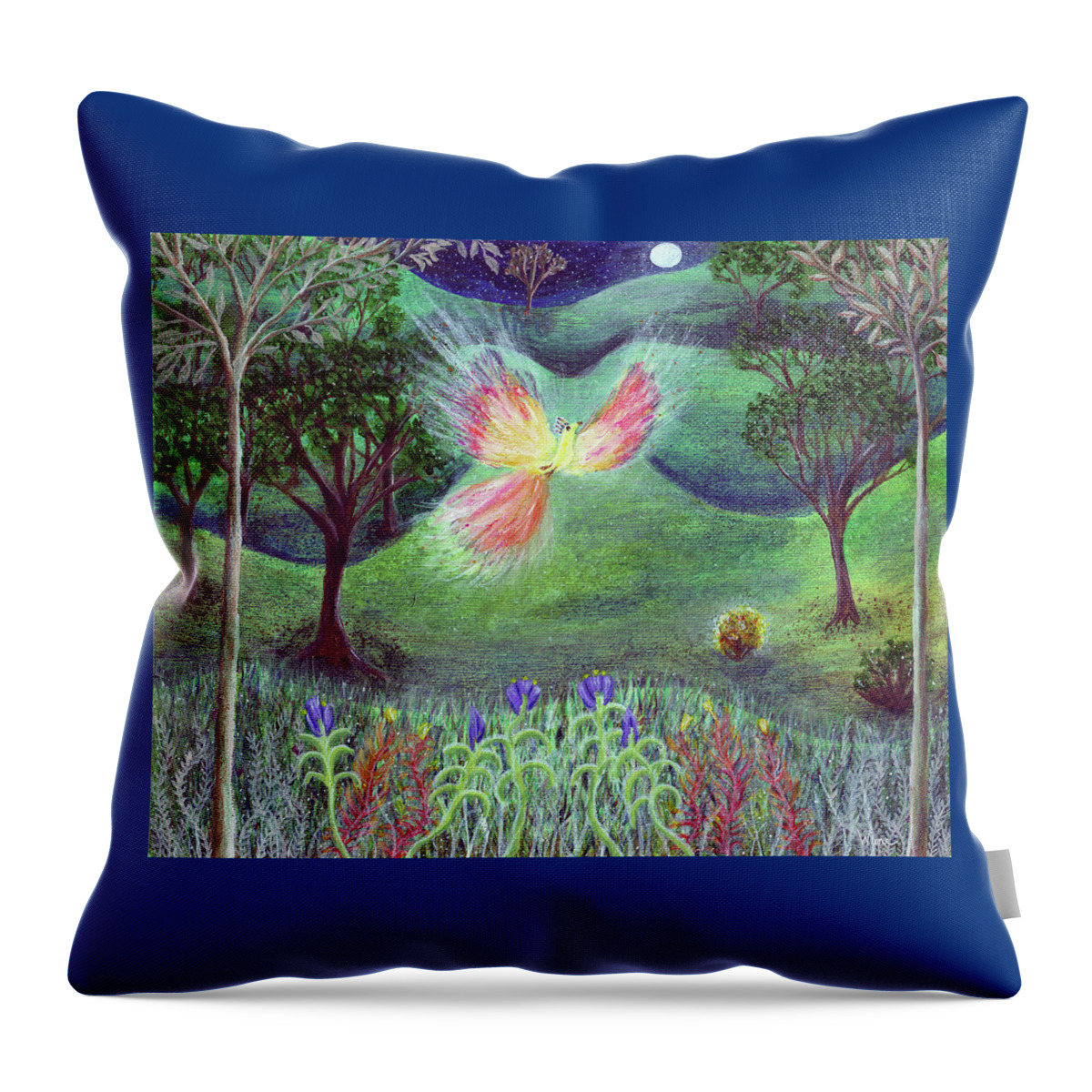 Lise Winne Throw Pillow featuring the painting Night With Fire bird and Sacred Bush by Lise Winne