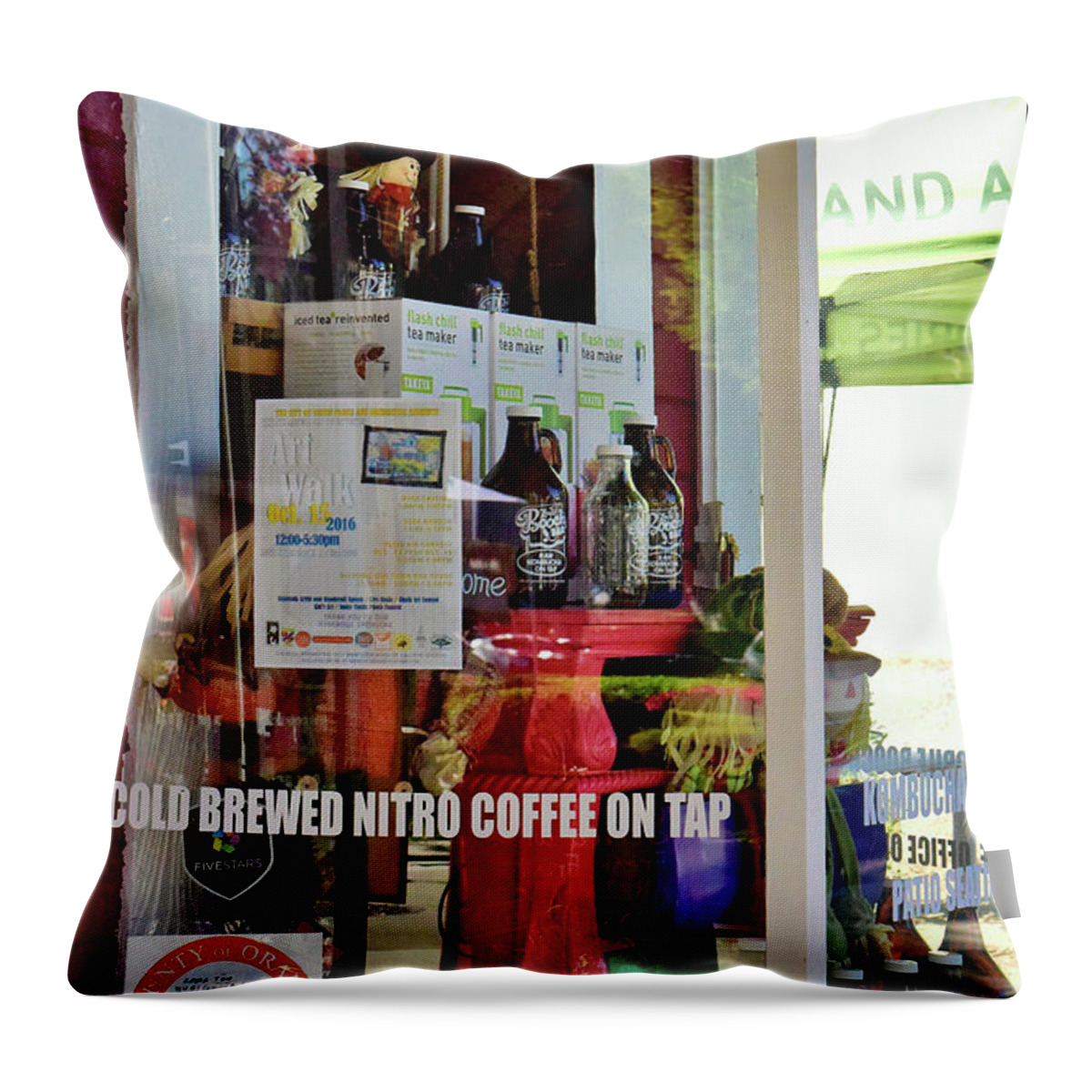 Linda Brody Throw Pillow featuring the photograph Nitro Coffee On Tap by Linda Brody