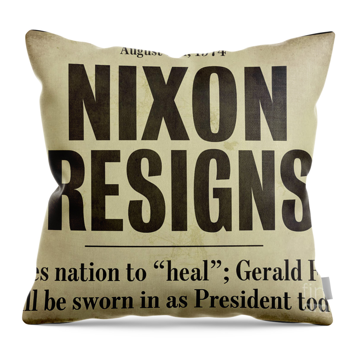 Nixon Resigns Throw Pillow featuring the painting Nixon Resigns Newspaper Headline by Mindy Sommers